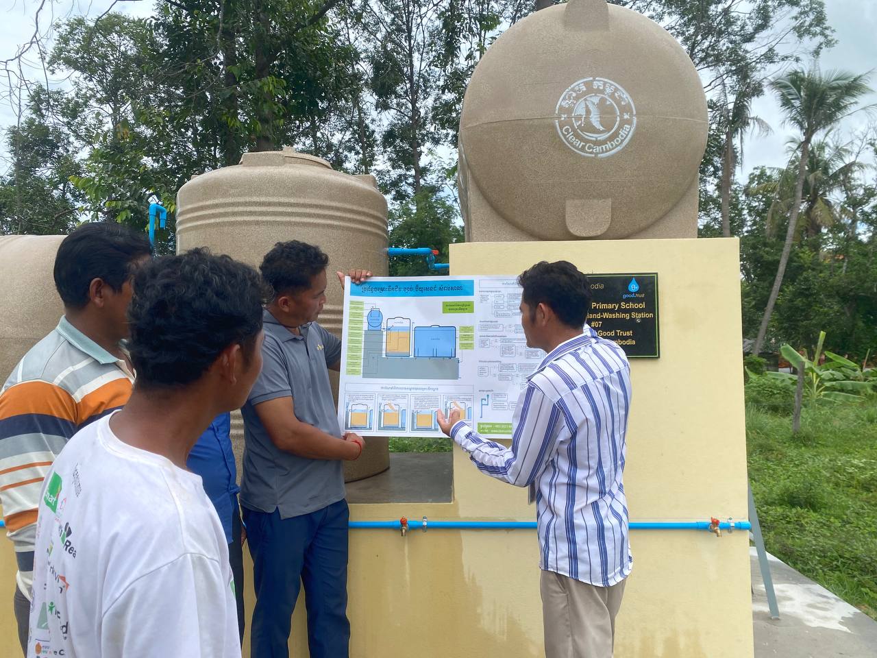 Clear Cambodia staff training teachers on the new BioSand filter station at Seung Siyut Primary School