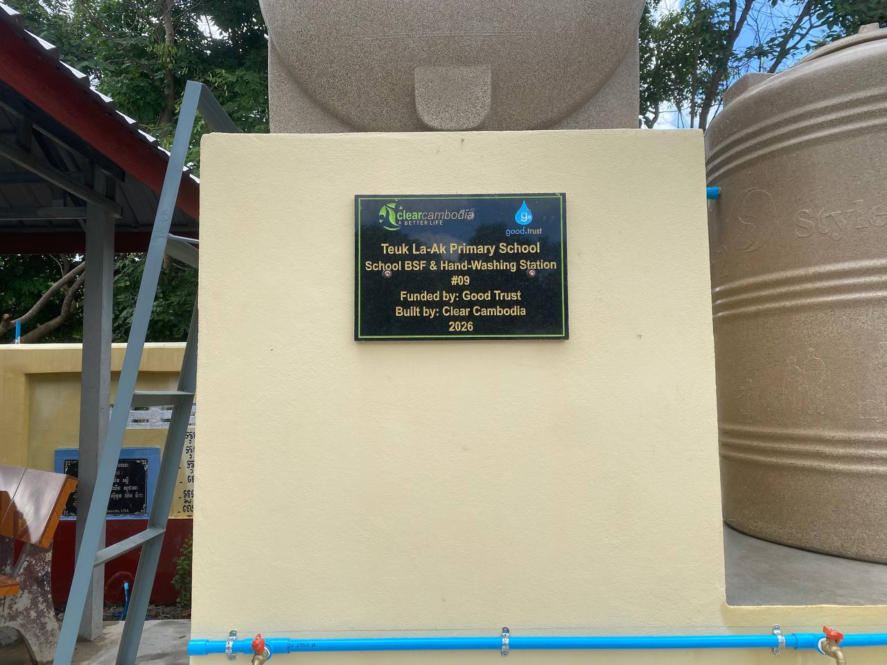 Completed water station and plaque at Teuk La-Ak Primary School, funded by Good Trust, 2026